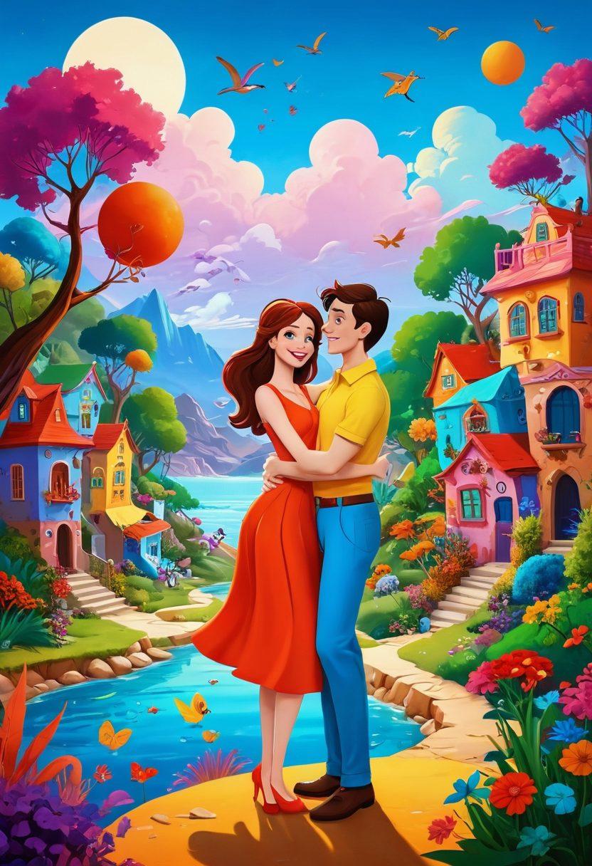 A whimsical blend of comedy and sensuality, depicting animated characters in a playful yet alluring embrace, surrounded by vibrant colors that evoke joy and laughter. The scene should incorporate elements of humor, like exaggerated expressions or funny props, while maintaining an adult theme in a tasteful manner. A lively background featuring cartoonish landscapes adds to the enchanting atmosphere. surreal art style. vibrant colors. 3D.