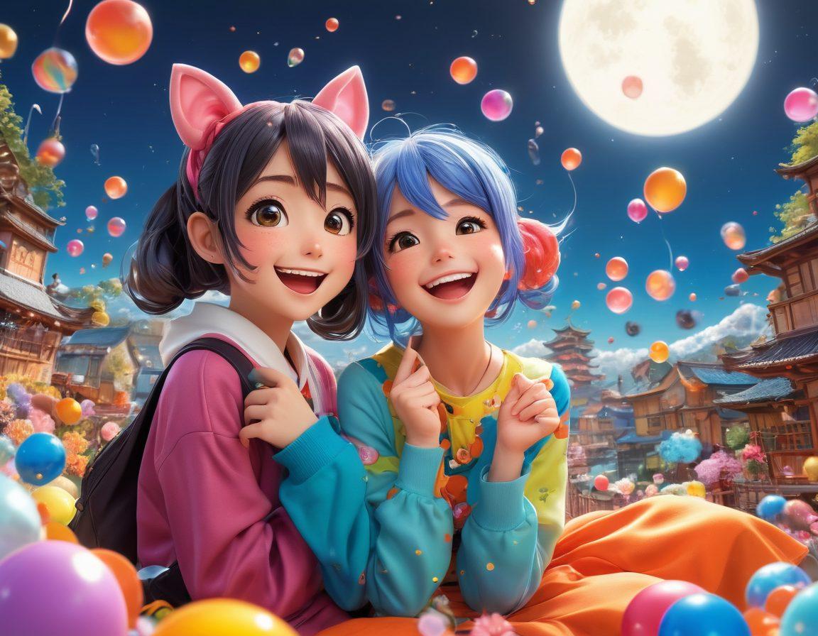 A whimsical scene featuring colorful anime characters engaged in lighthearted, humorous activities related to adult themes, such as playful banter and comedic situations. Incorporate exaggerated expressions and vibrant backgrounds filled with manga panels and laughter bubbles, blending fantasy elements like oversized props and cartoonish effects. Capture the essence of fun while subtly hinting at mature themes, ensuring a light and playful tone. super-realistic. vibrant colors. 3D.